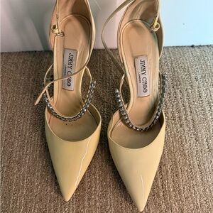 Jimmy Choo Nude Patent Leather Crystal Strap Pumps Heels Size 37